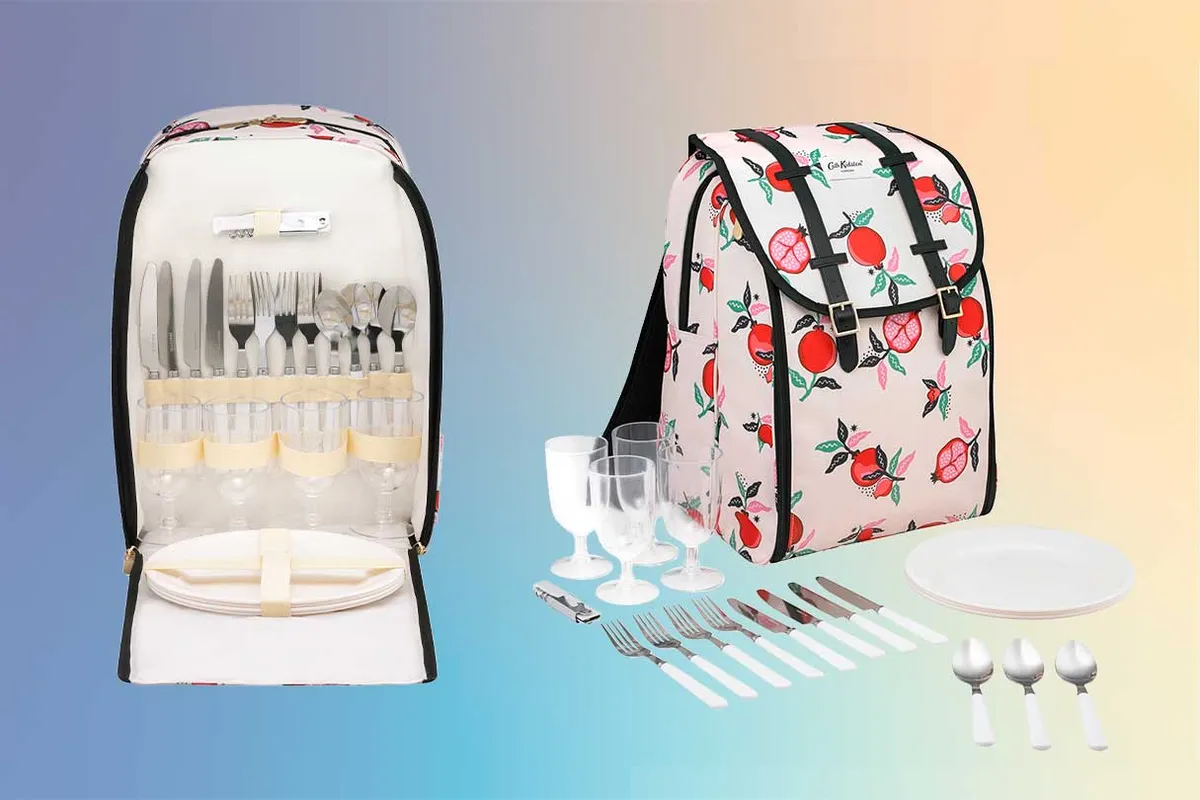Cath Kidston Pomegranate Picnic Backpack, open and closed with tableware