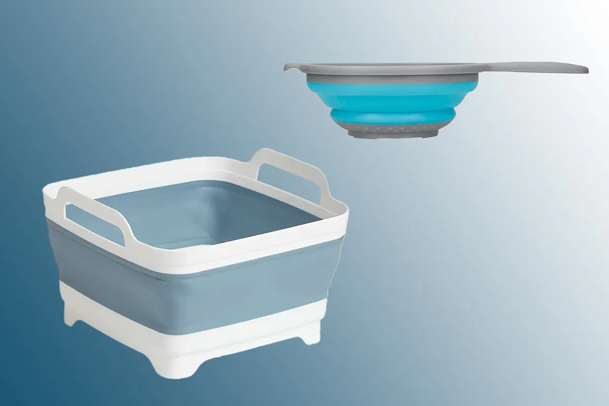 Collapsible Washing Up Bowl and Sieve on a blue background