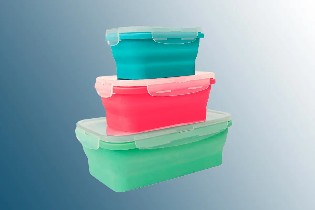 3 Collapsible Silicone Freezer Boxes on a blue background