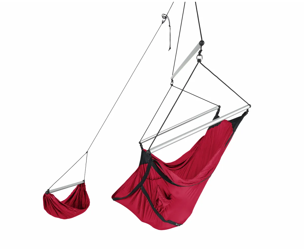 Burgundy coloured hammock-style chair for camping