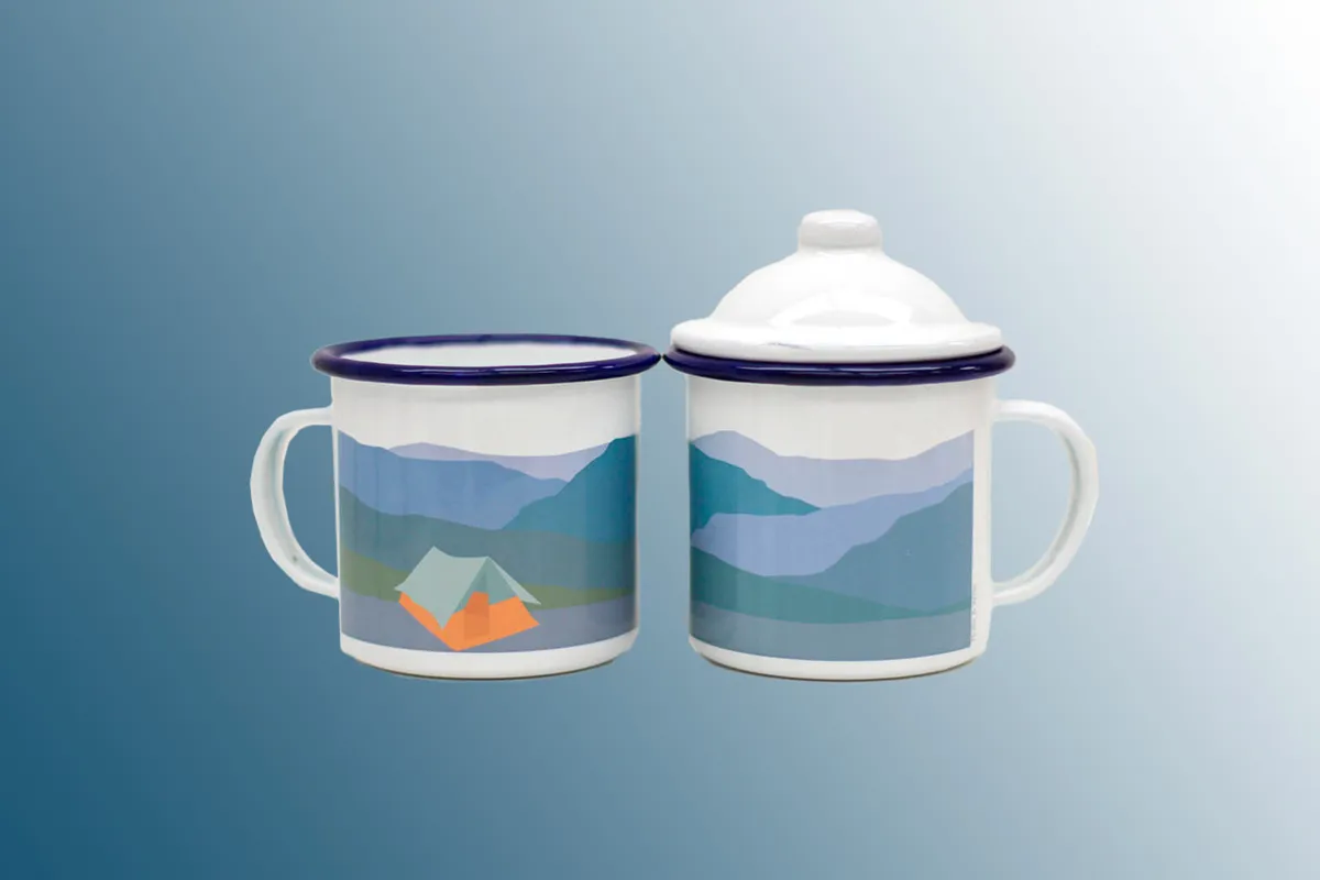 Weekend Explorer Camping Tent Enamel Mugs on a blue background