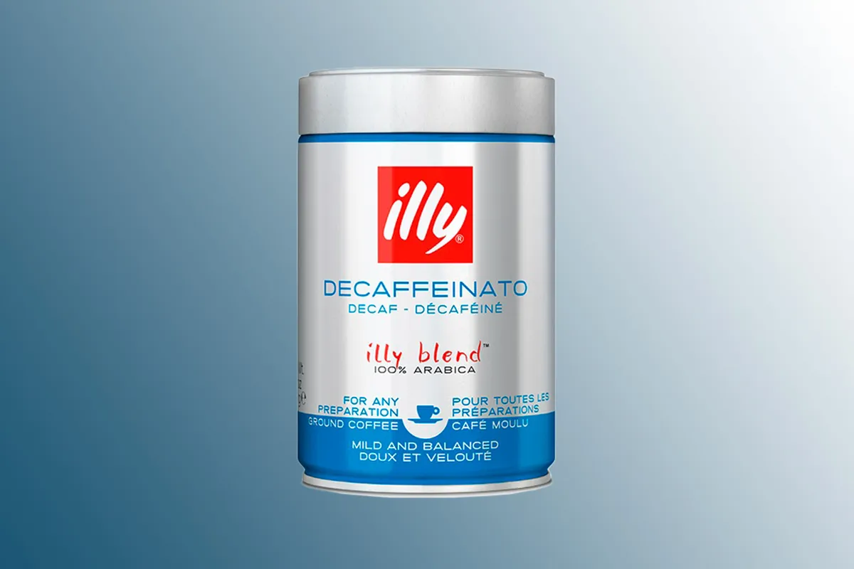Illy Decaffeinated Ground Coffee on a blue background