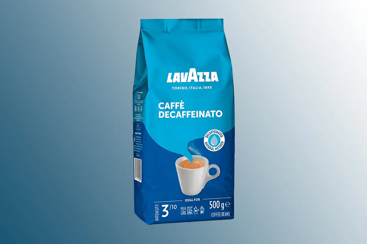 Lavazza Ground Decaf Coffee on a blue background