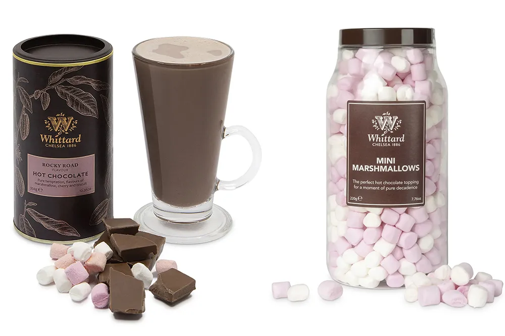 Whittard Hot Chocolate and Marshmallows on a white background