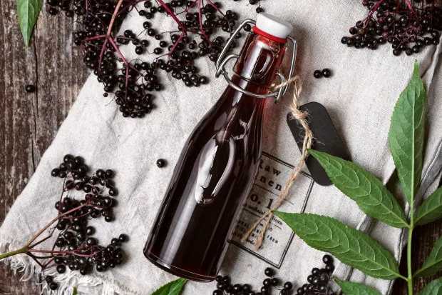 Elderberry cordial in a bottle with elderberries