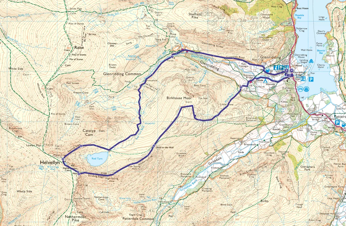 Helvellyn and Striding Edge walking route and map