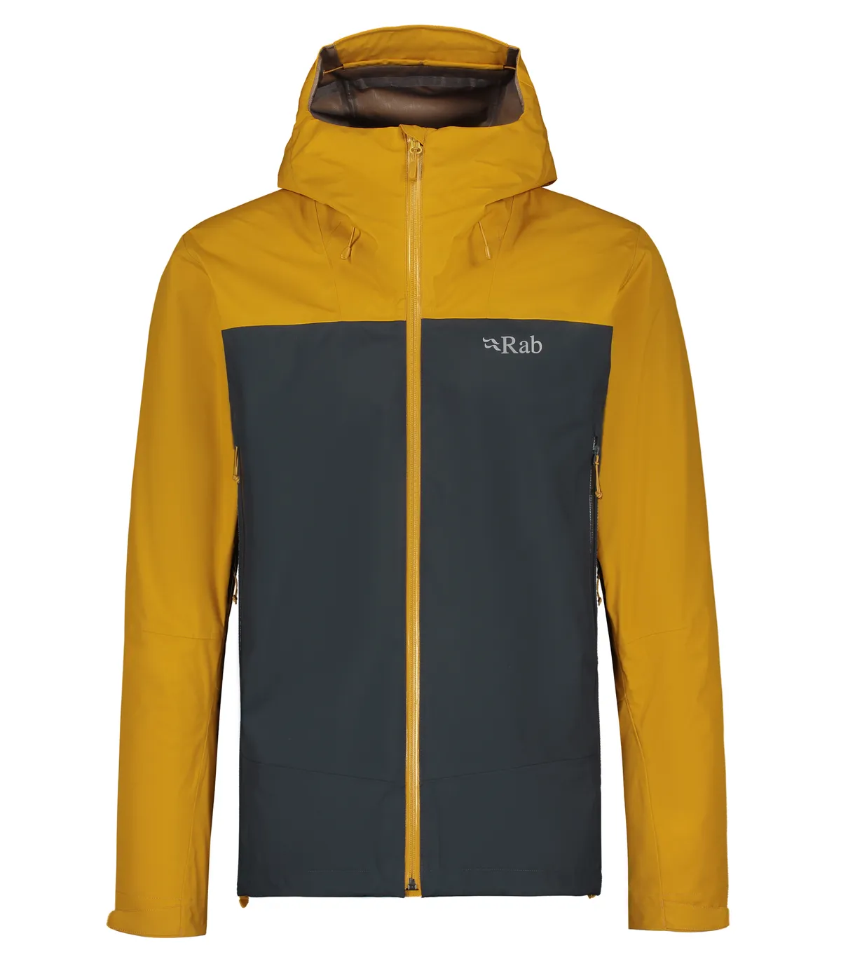 Rab arc eco waterproof hiking jacket in navy blue and gold