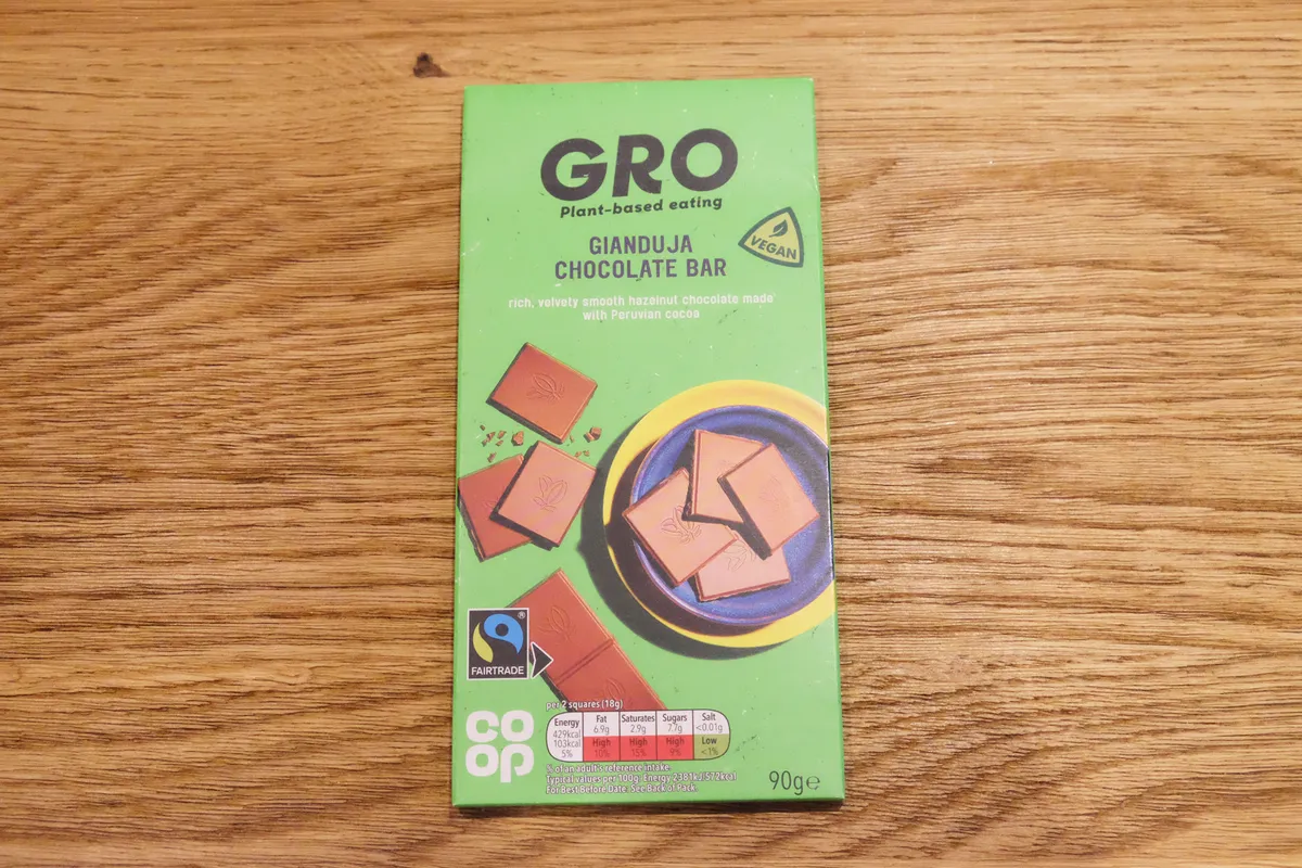 Co-op GRO Gianduja Chocolate Bar on a wooden table