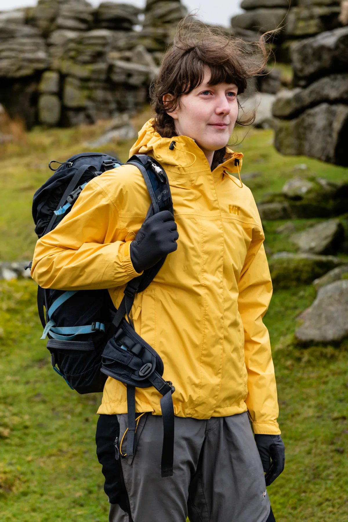 hiker in yellow waterproof jacket