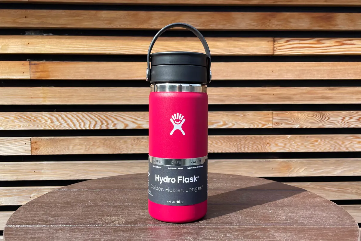 Hydro Flask Coffee with Flex Sip Lid on a wooden table