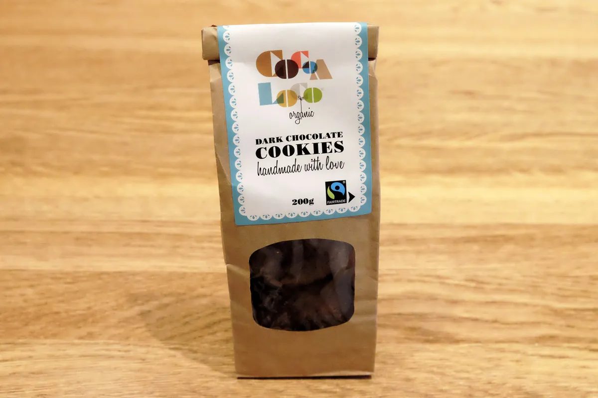 Cocoa Loco Organic Dark Chocolate Cookies on a wooden table