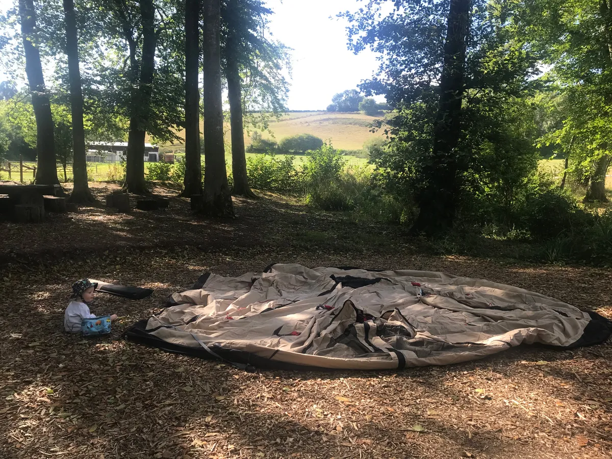 Tent laid out flat on forest floor