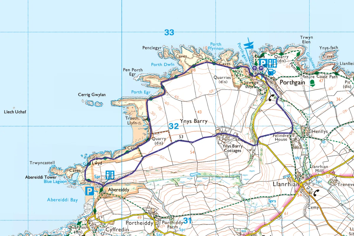 Porthgain to Blue Lagoon OS Map