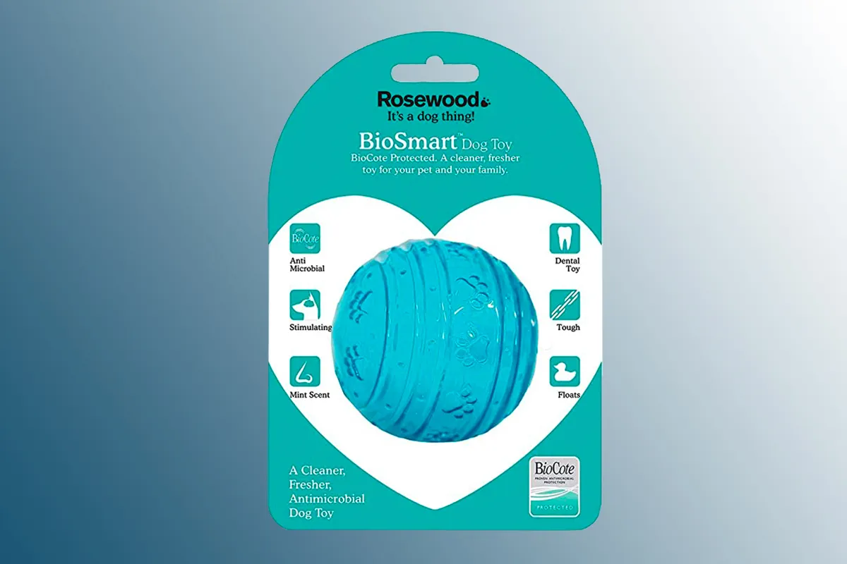 Rosewood BioSafe Puppy Ball on a blue background