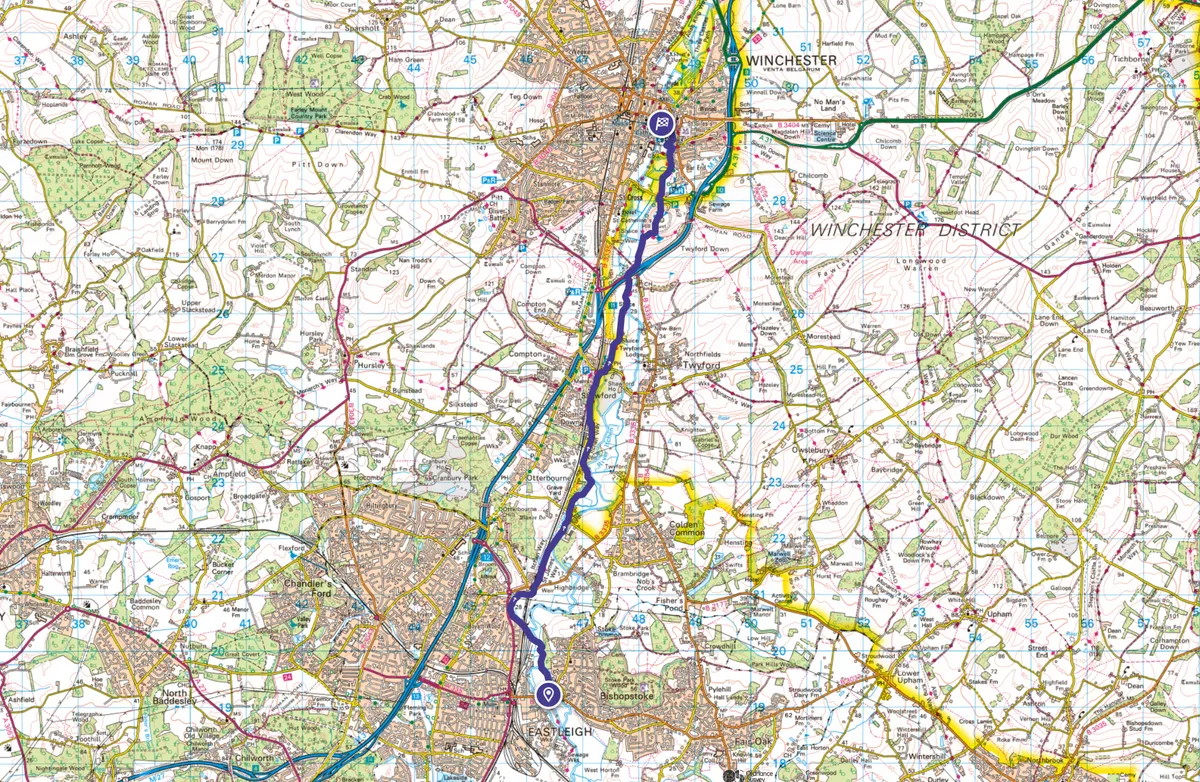 Eastleigh to Winchester map
