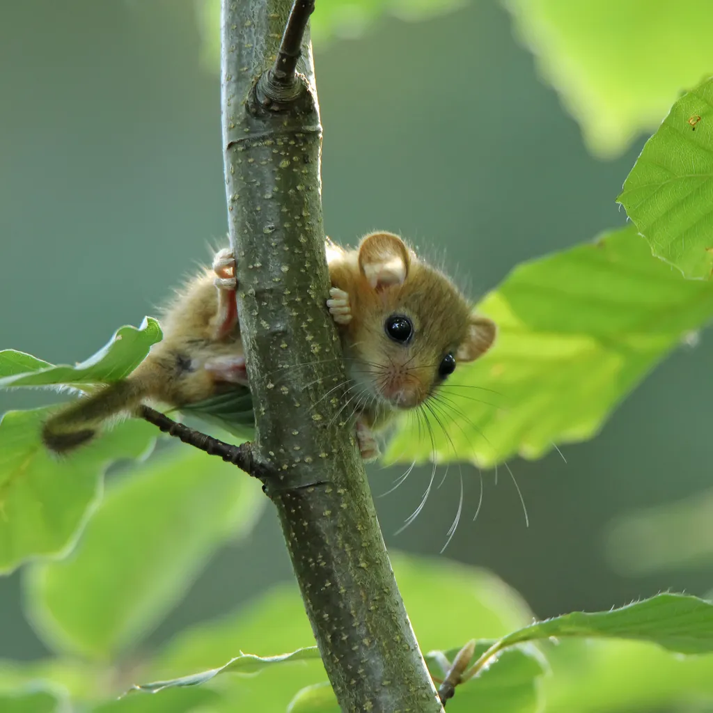A young hazel dormouse peering out through the leaves of a beech tree in Leigh Woods in Bristol