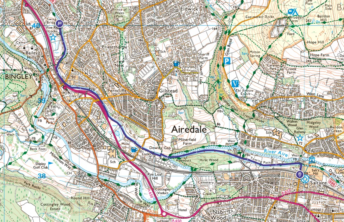 Saltaire to Bingley map