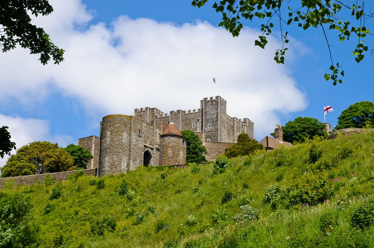 Dover Castle on a sunny day with green trees
