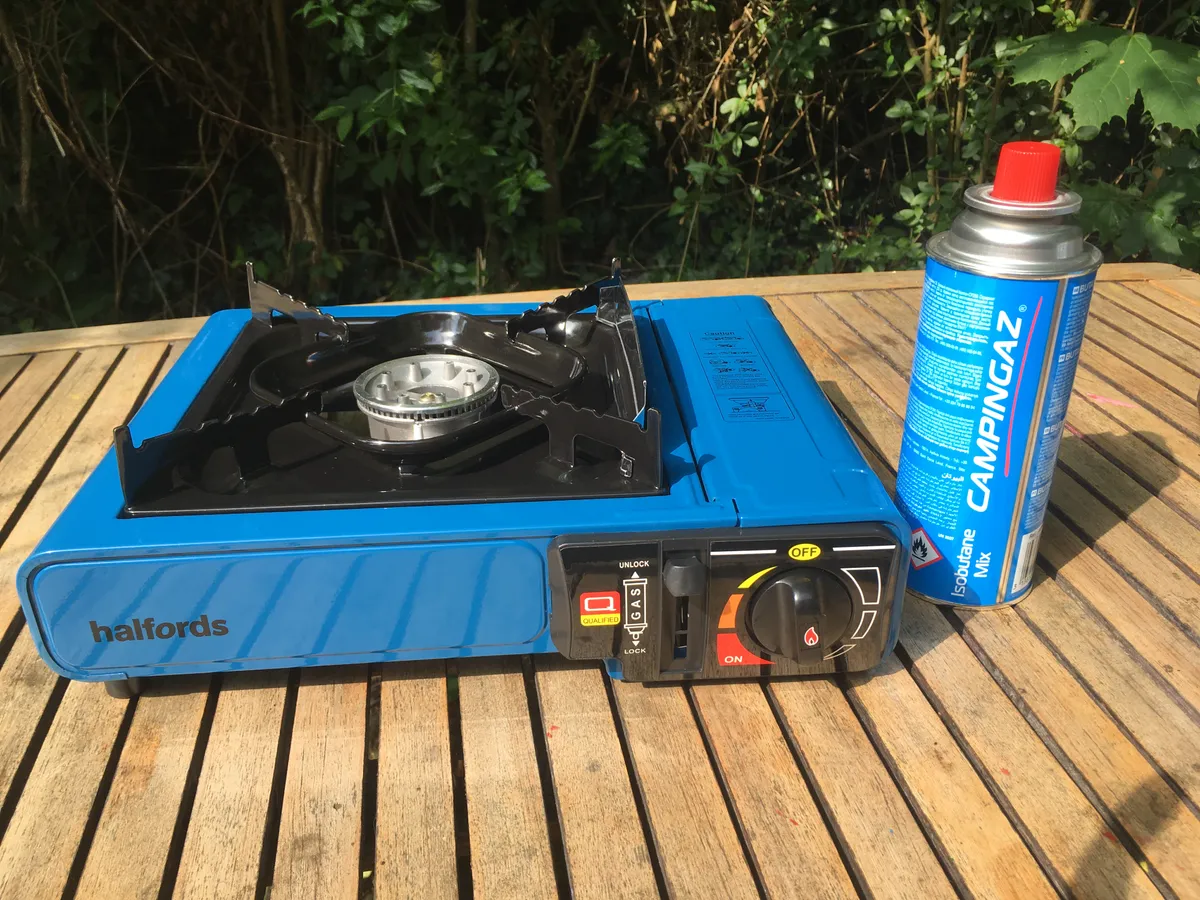 Halfords Portable Gas Stove on a wooden table