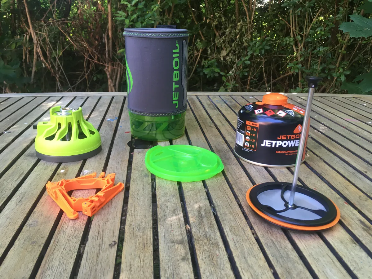 Jetboil Java Flash stove system separate parts on a wooden table