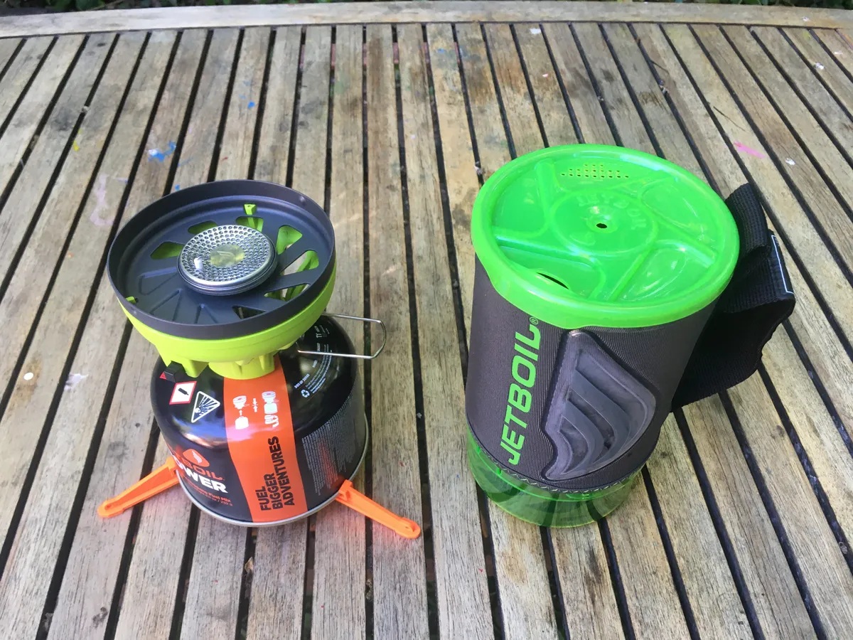 Jetboil Java Flash stove system parts on a wooden table