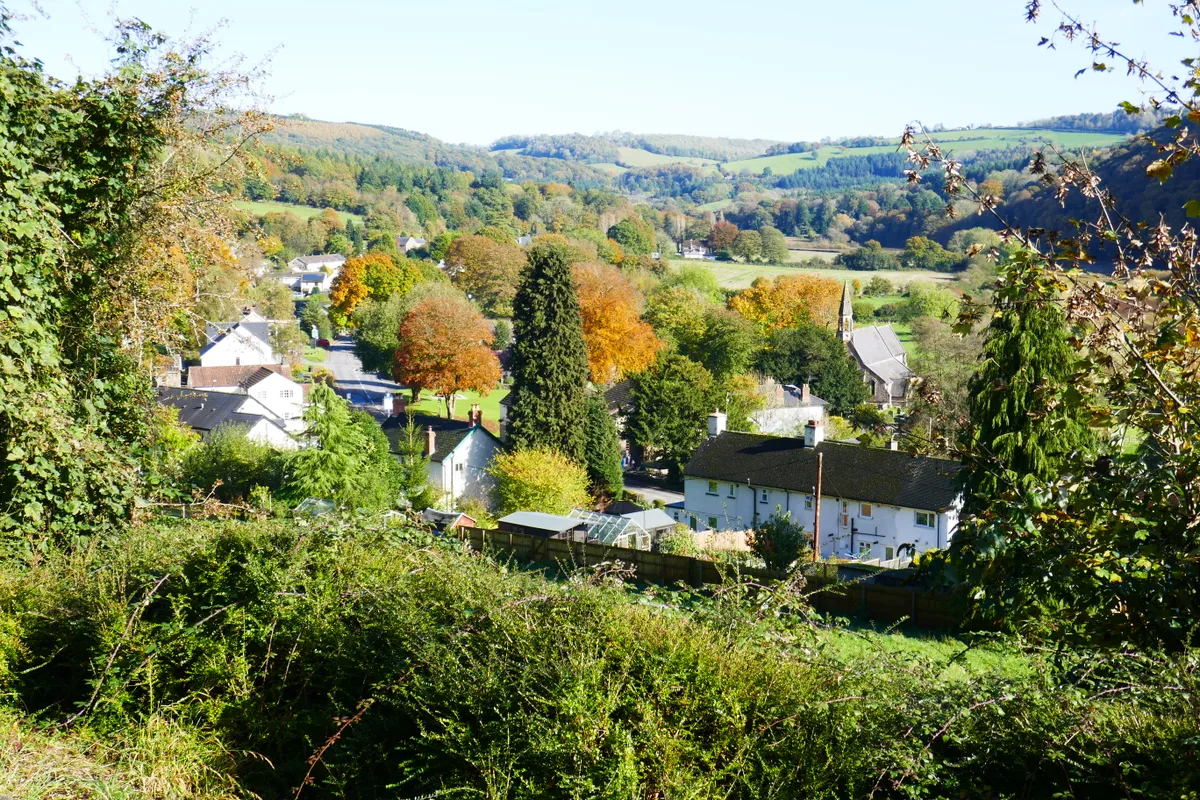 View over village of Llandogo with autumn trees and houses