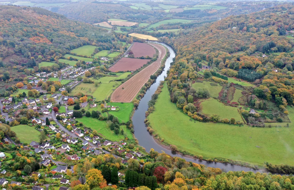 Aerial view of the Wye Valley near the village of Llandogo in autumn