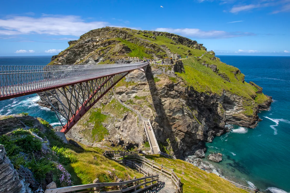 Tintagel Castle in Cornwall on a sunny day