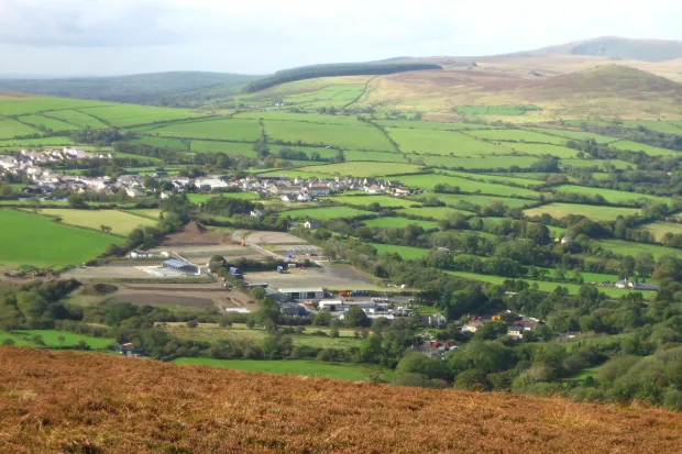 Crymych village in Wales with farmland and hills
