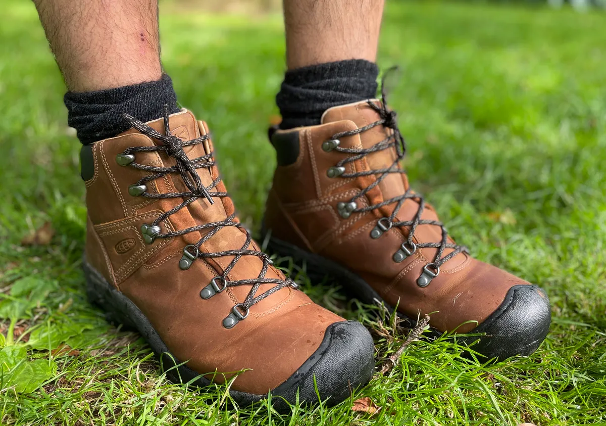 Hiking boots on grass