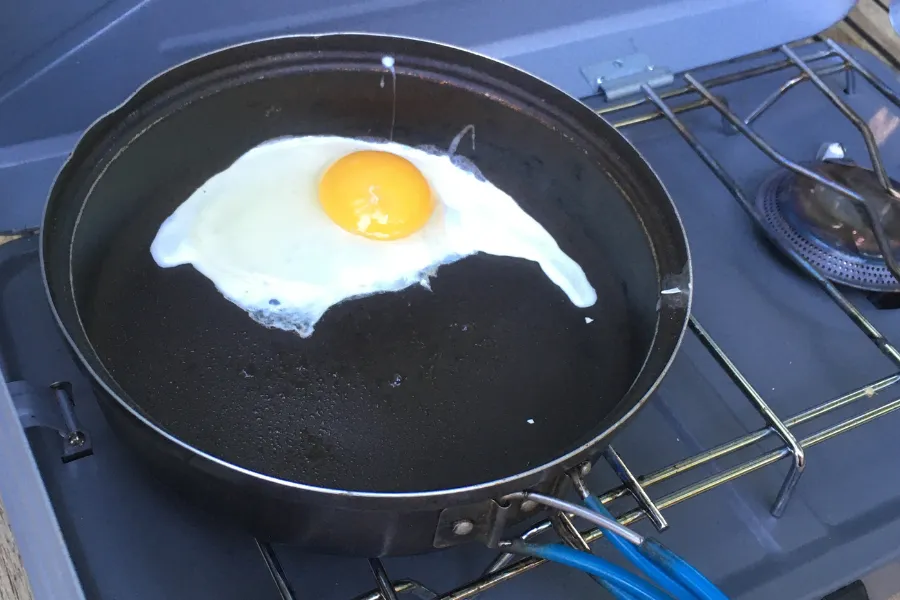 Fried egg on camping stove