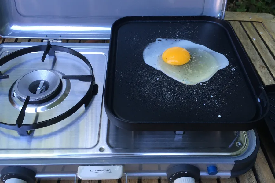 Fried egg on camping stove