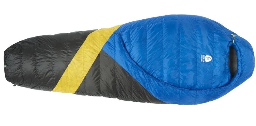 Blue, yellow and black sleeping bag on white background 