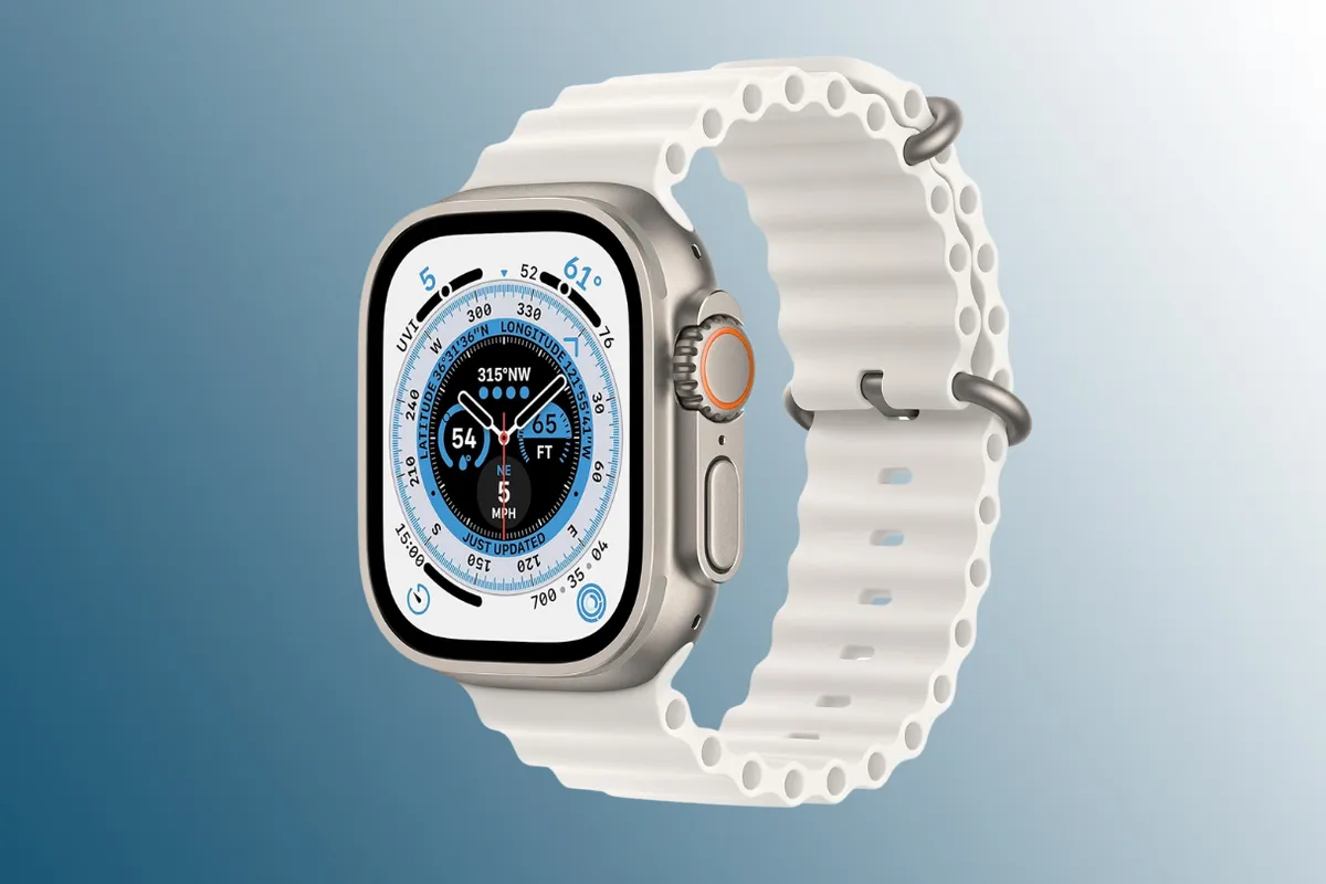 White GPS watch on blue background