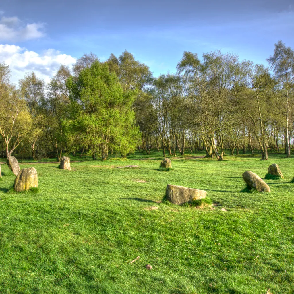 Nine Ladies Stone Circle in green field 