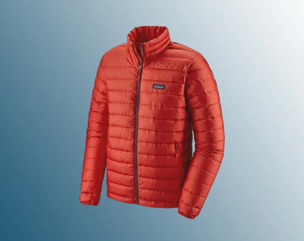 Red down jacket on blue background 