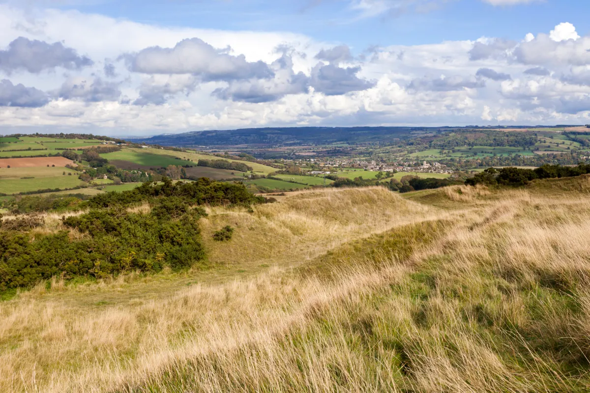 Looking northeast from the highest point of the Cotswolds at Cleeve Hill towards the town of Winchcombe