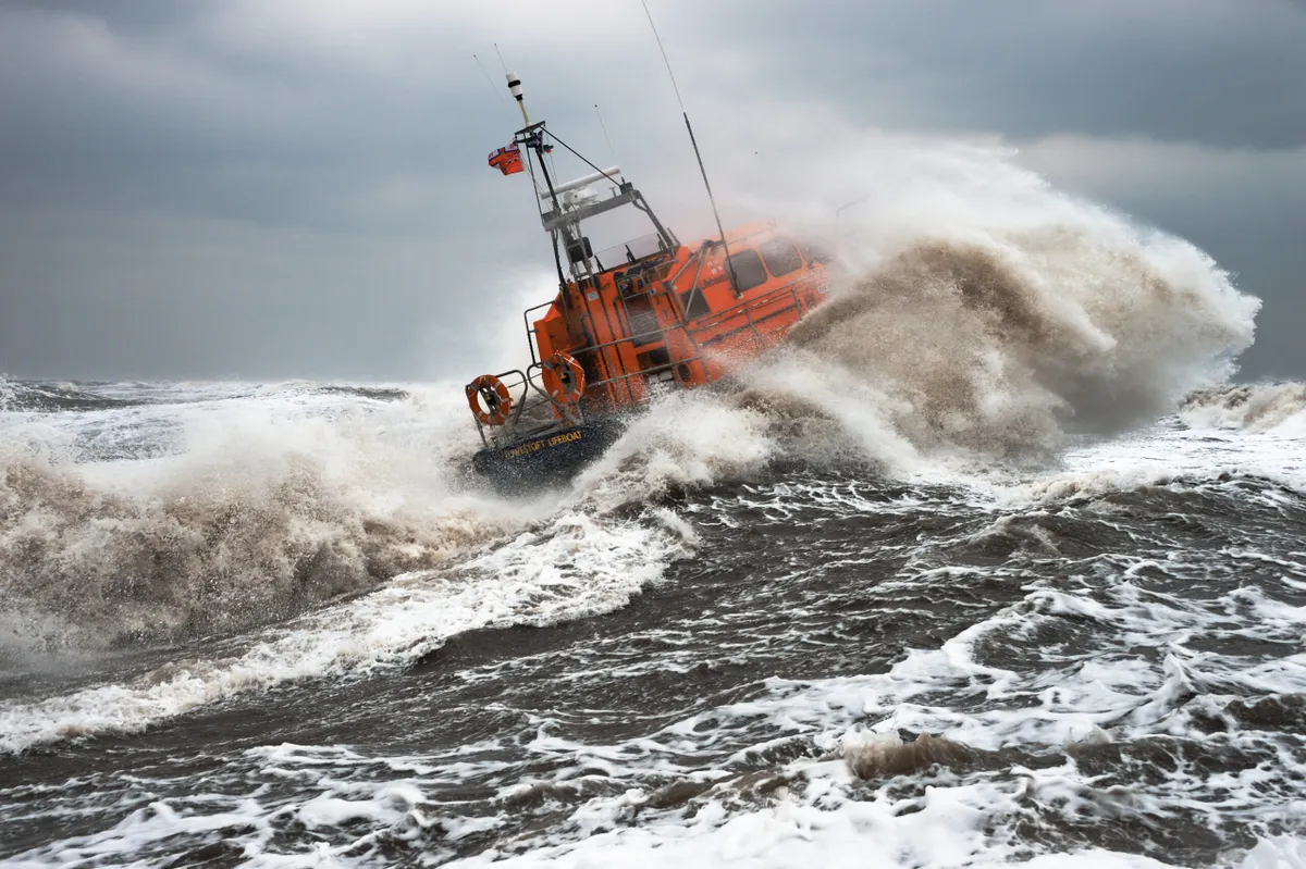 Lowestoft Shannon class lifeboat Patsy Knight in rough seas during the storm