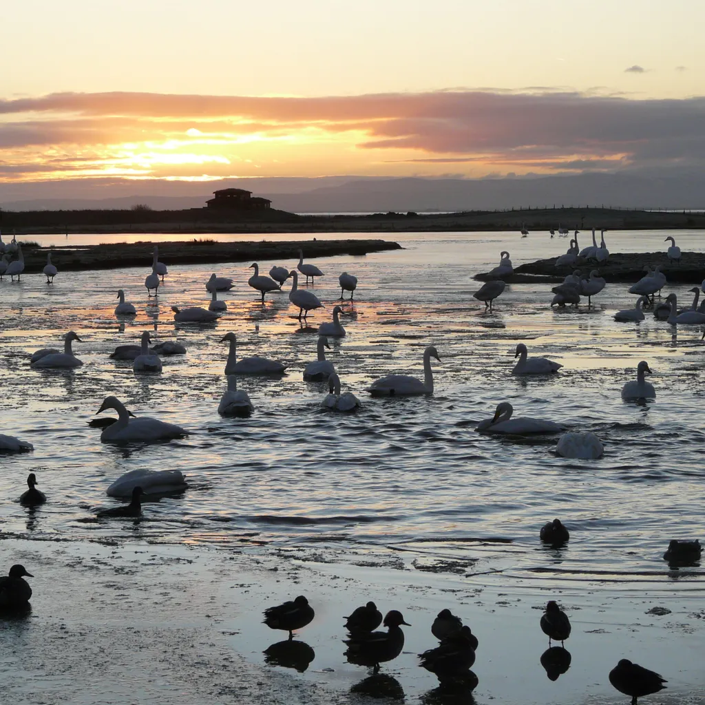 Flock of Whooper Swans at sunrise on frozen pond at Caerlaverock