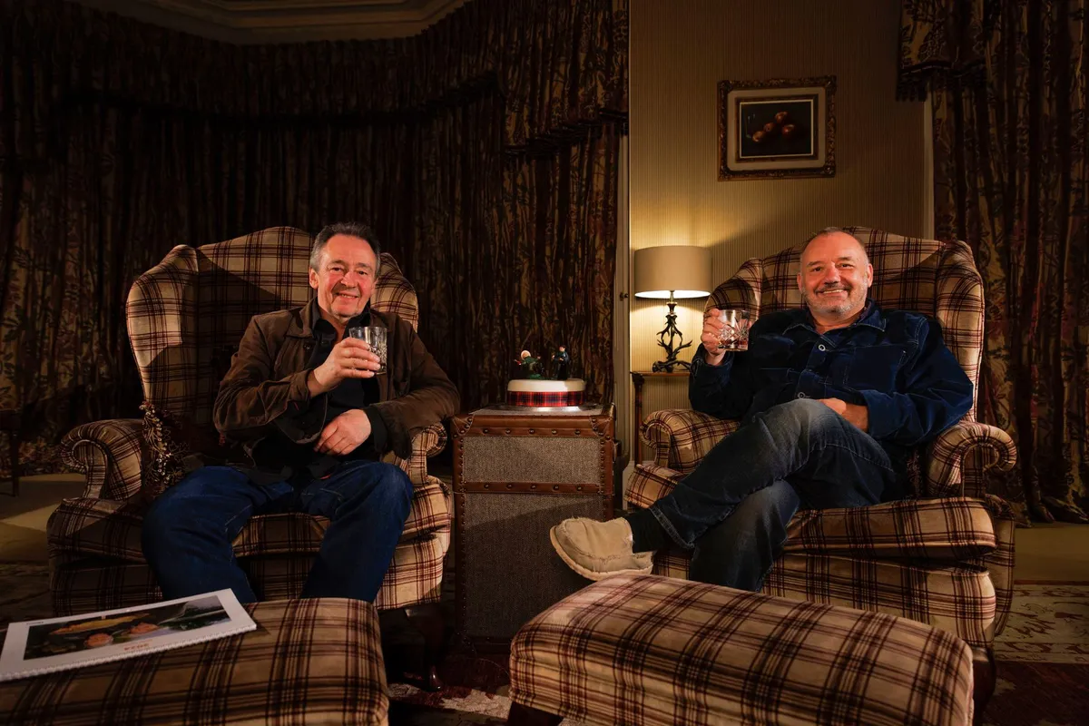 Paul Whitehouse and Bob Mortimer on tartan armchairs
