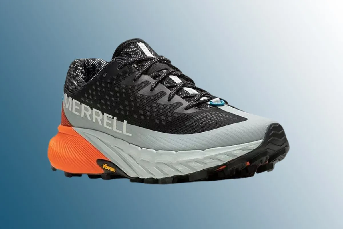 Black and grey trail shoe on blue background 