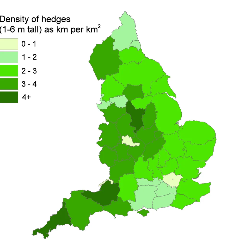 Map of England by county showing distribution of hedgerows as a percentage of the total