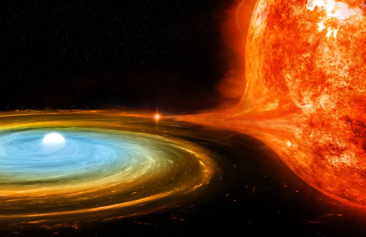 Artist's impression of a white dwarf drawing material away from its red giant partner. Credit: NASA/CXC/M.Weiss