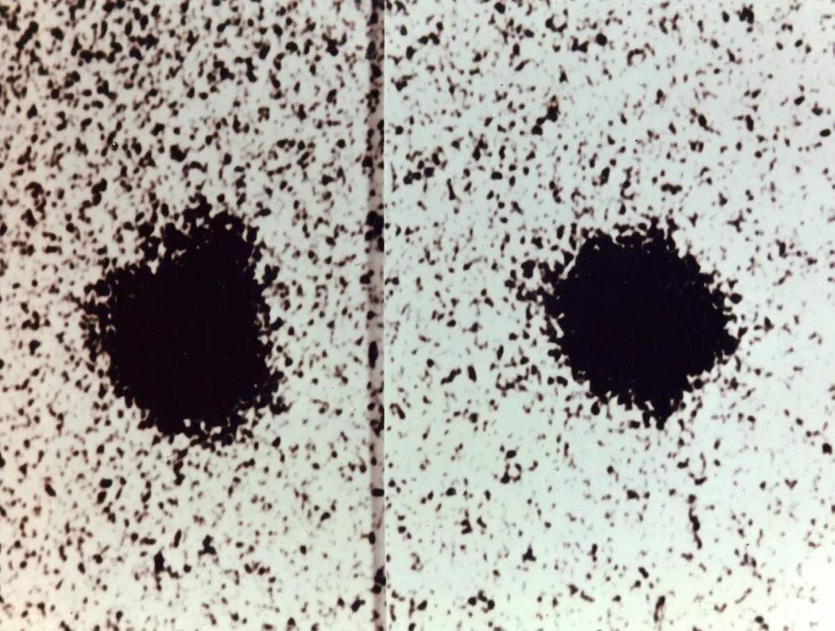 Christy’s time-varying images of Pluto, revealing the location of moon Charon as bulge on the image (seen near the top on the left, but absent on the right). Credit: U.S. Naval Observatory