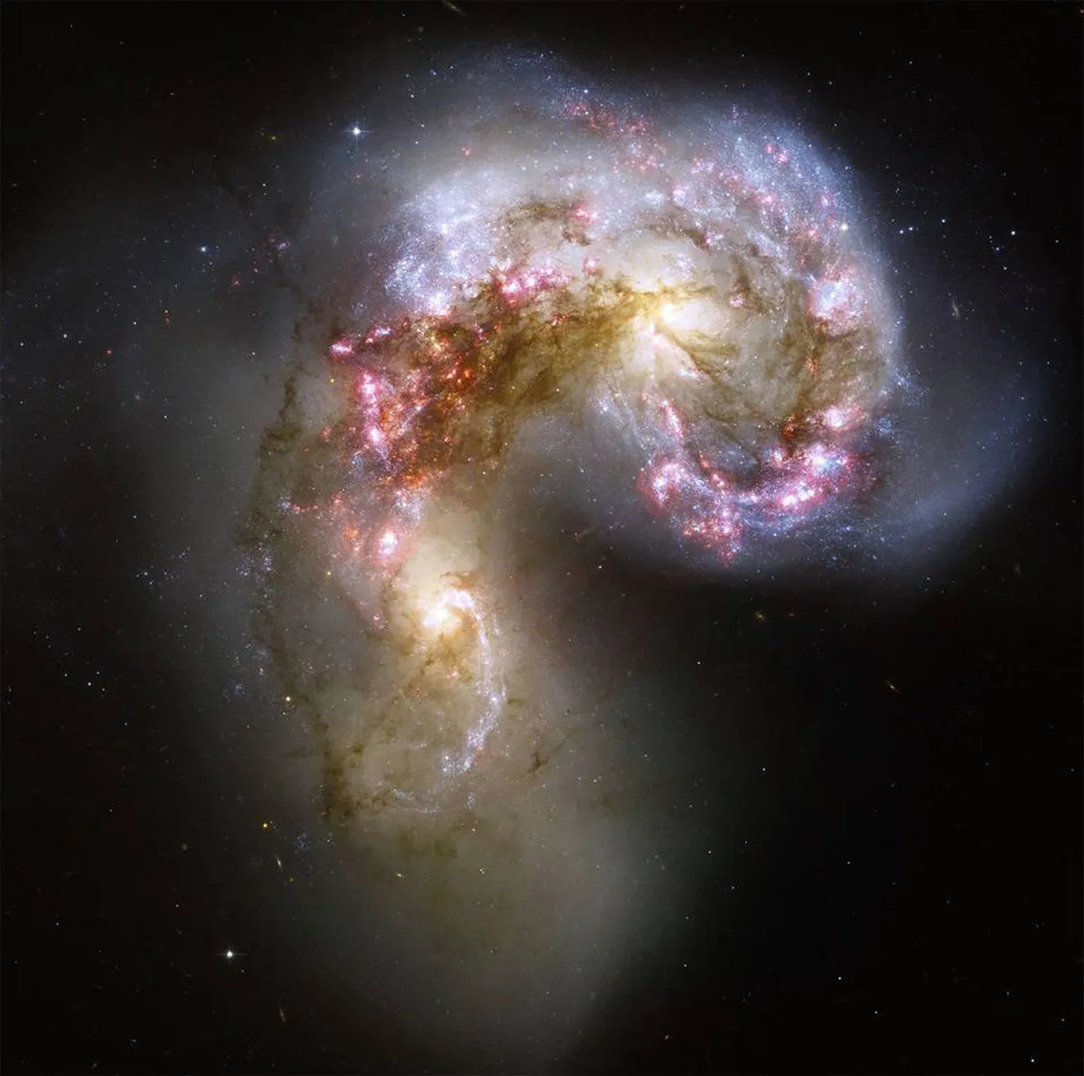 The Antennae Galaxies. These two galaxies started to interact millions of years ago and will eventually merge together into one. Credit: NASA/ESA/Hubble Heritage Team (STScI/AURA)-ESA/Hubble Collaboration