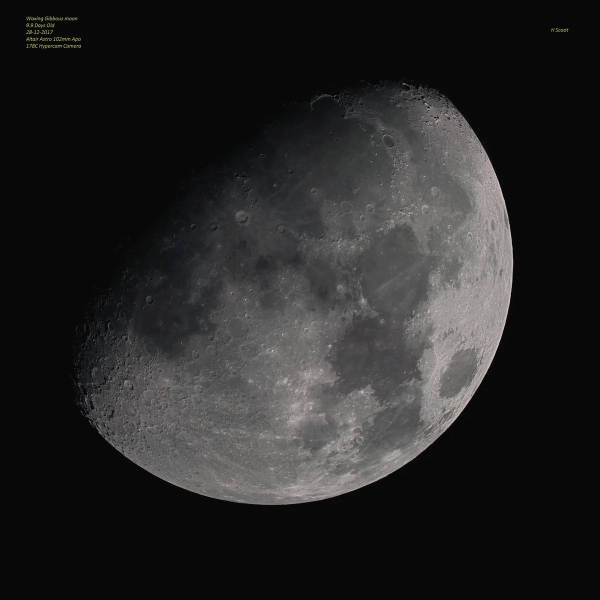 Waxing Gibbous Moon 28-12-2017 by Harvey Scoot, Essex, UK. Equipment: Altair Astro 102mm Apo refractor, Mesu Mount, Altair Astro IMX178C Hypercam.