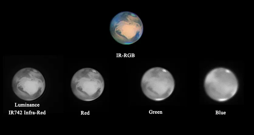 Mars IR-RGB by Stephen Jennette, Morecambe, UK. Equipment: DMK21au618, Baader LRGB filters, Celestron C11, Televue Powermate 2.5, Skywatcher EQ8 mount