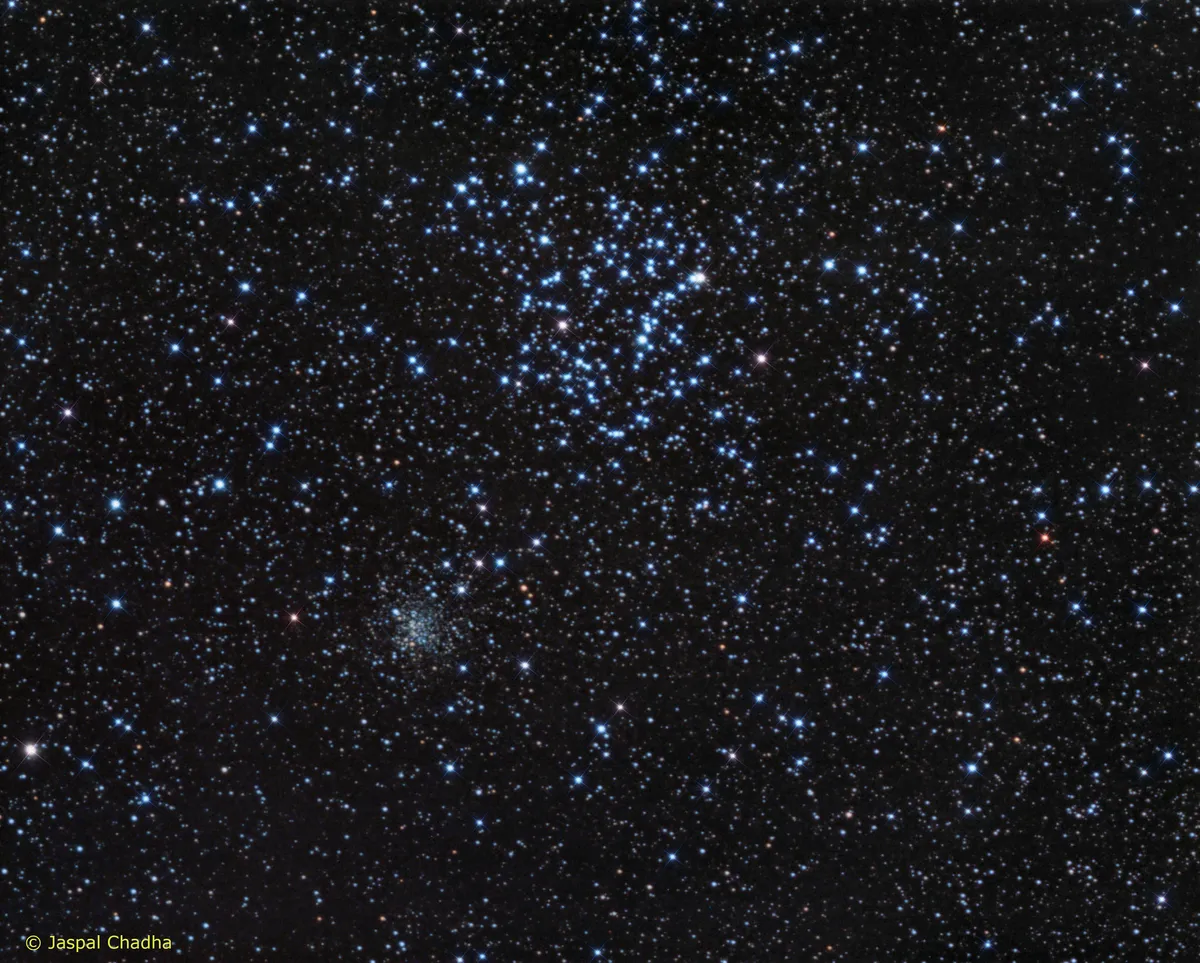NGC 2158 and M35 by Jaspal Chadha, London, UK. Equipment: Skywatcher Espirt 100ED, QSI 690 CCD, LRGB.
