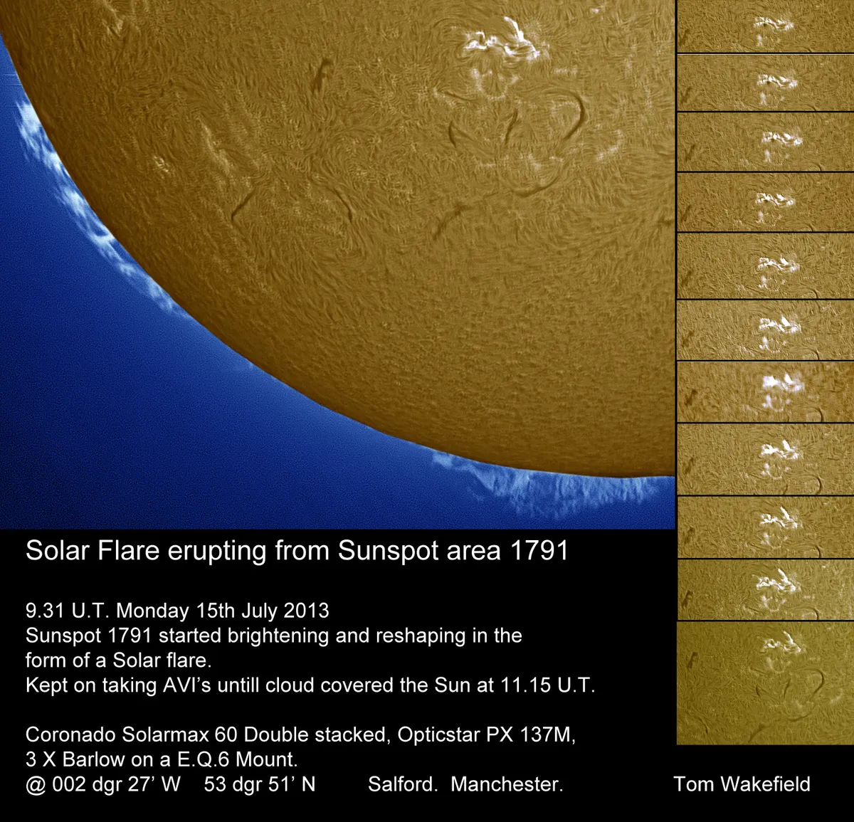 Solar Flare by Tom Wakefield, Salford, Manchester, UK. Equipment: Coronado Solarmax 60 D/S, Opticstar PX 137M, 3 X barlow, EQ 6 Mount.