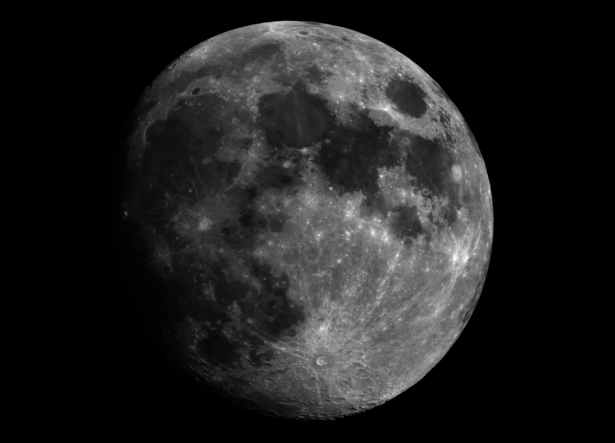 Waxing Gibbous Moon by Scott Findlay, Berwockshire, UK. Equipment: Mesu 200 mount, Altair Starwave 102, Point Grey Flea 3, Baader IR Pass filter